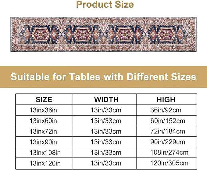 Vintage Boho Table Runner,Flower Geometric Design Rustic Farmhouse Table Runner for Home Farmhouse Kitchen Table Dining Coffee Room Garden Party Wedding Decor 13x90in