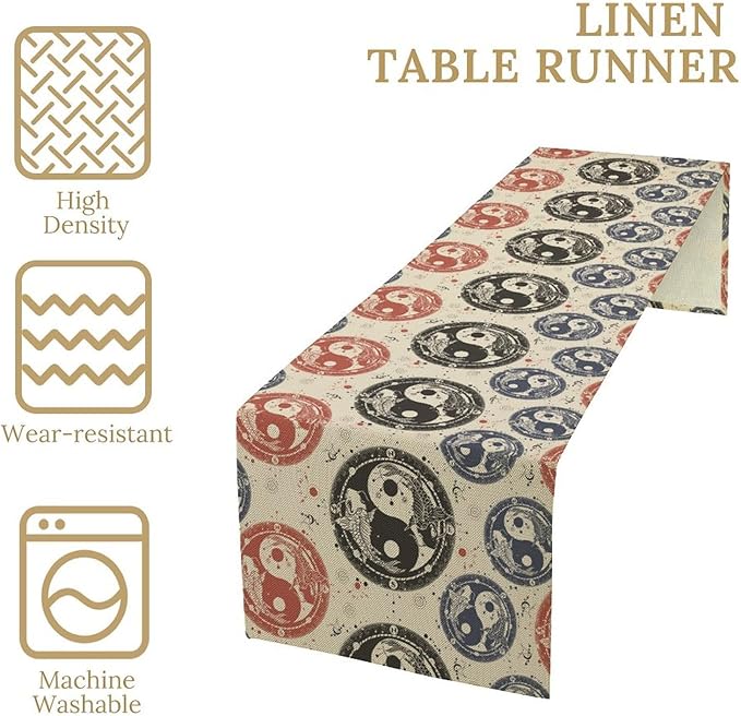 Yin Yang Table Runner, Vintage Mid Century Traditional Oriental Koi Fish Mystical Celestial Moon Stars Print Table Runner for Kitchen Dining Table Party Decor, 13x120inch