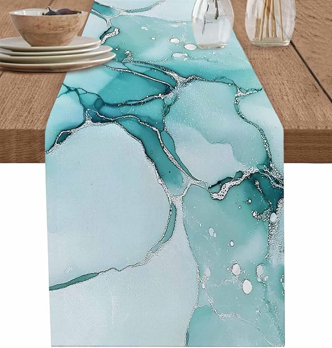 Turquoise Marble Cotton Linen Table Runner for Dining Kitchen, Wedding Outdoor Party Tablerunners Decoration, Nature Marble Crack Country Retro Dresser Scarf Coffee Tablecloth Runners 13x90 Inches