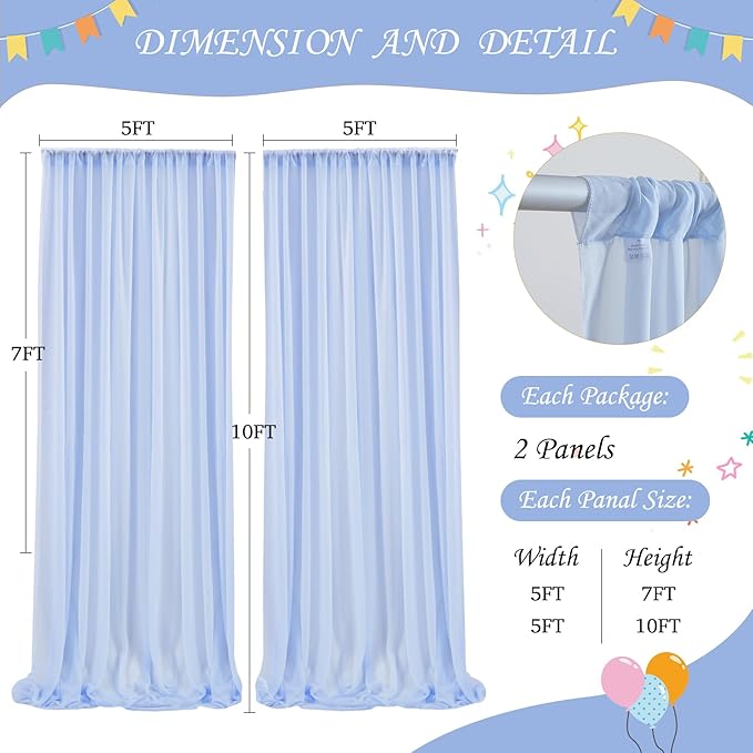 10ft x 10ft Baby Blue Chiffon Backdrop Curtain with Lights String for Parites Wedding Light Blue Curtains Photo Backdrop Drapes for Baby Shower Birthday Party Home Decorations
