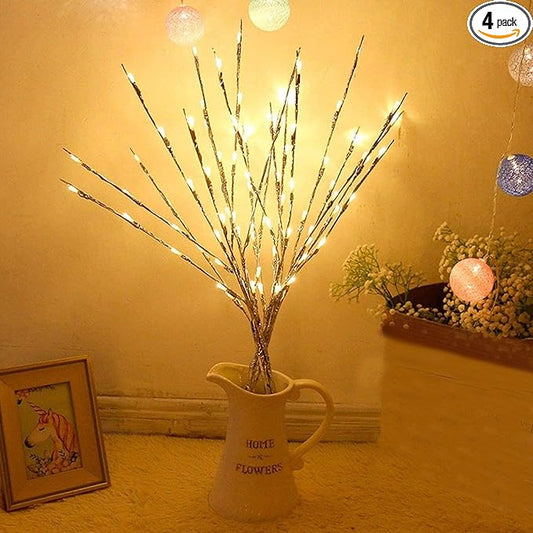 Lxcom Lighting LED Branch Lights 4 Pack 30 Inch Lighted Silver Wrapped Vase Filler Willow Lighted Twig Branch Battery Powered Twig Branches 20 LED Decorative Lights for Home Party Decor, Warm White