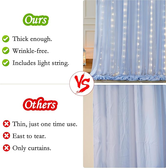 10ft x 7ft Baby Blue Chiffon Backdrop Curtain with Lights String for Parites Wedding Light Blue Curtain Photo Backdrop Drapes for Baby Shower Birthday Party Home Decorations