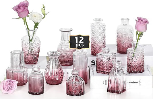 Mini Bud Vases Set of 12 As Wedding Centerpieces for Tables,Clear Bud Vases for Flowers,Small Flower Vases Suitable for Birthday Party,Anniversary,Wedding Reception,Baby Shower (Purple)