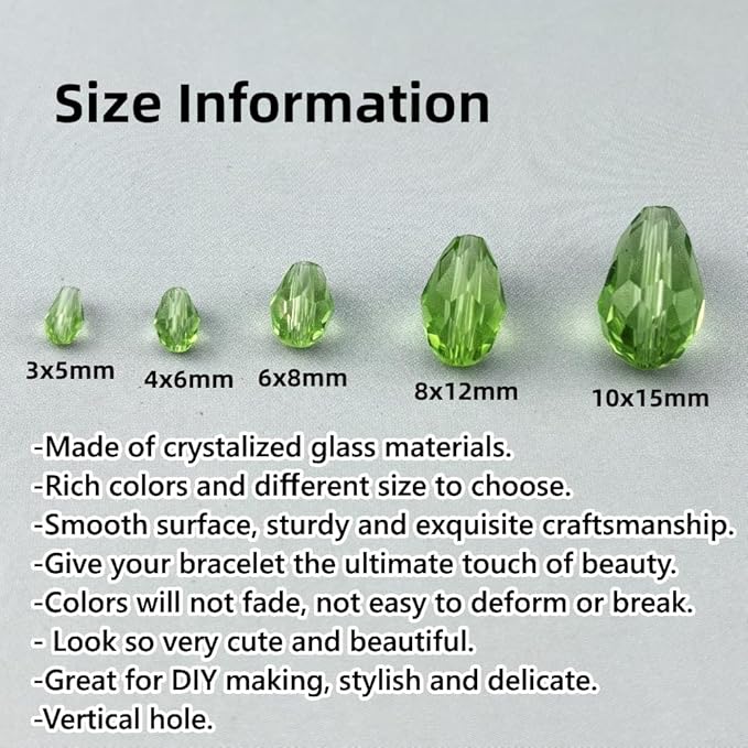 130pcs 6x8mm Teardrop Crystal Glass Beads for Jewelry Making, Faceted Vertical Hole Teardrop Glass Spacer Beads for Wind Chimes Bracelet Earring Necklace DIY Craft(Light Green)