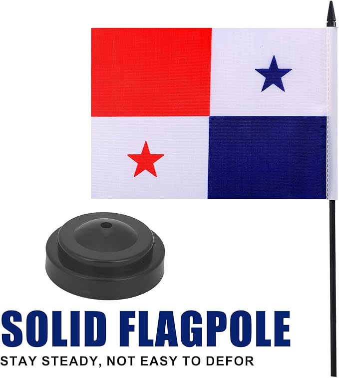 Panama Desk Flag 12" Solid Pole Deluxe Set Panamanian Flags Banner Mini Small Panama Office Table Flags with Black Stand Base Desktop Decorations(2Pack)