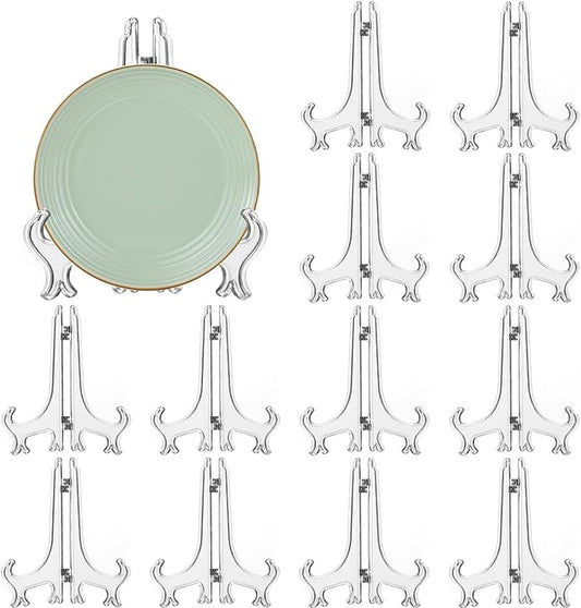 12 Pack 6 Inch Clear Plastic Easels or Stand/Plate Holders to Display Pictures or Other Items at Weddings, Plate Stands for Home Decoration, Birthdays, Tables
