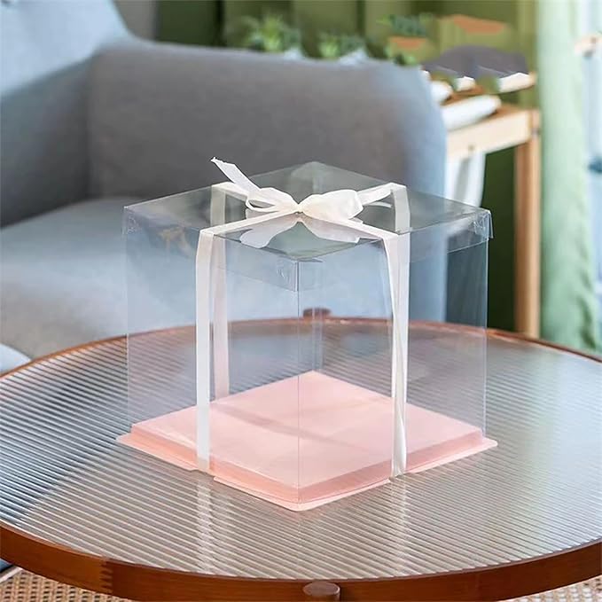 XININSUN pink clear cake box with ribbon,6inch 8inch cake boxes,transparent cake box cake carrier,Square Cardboard Cake Containers clear gift boxes for Wedding,Birthday,Party(6pcs)