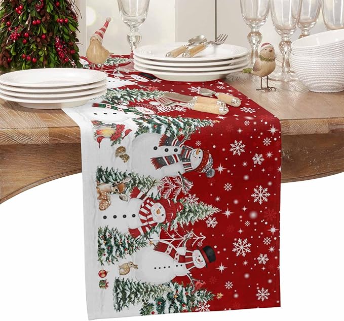 Christmas Snowman Cotton Linen Table Runner for Dining Kitchen, Xmas Tree White Snowflakes Winter Wedding Outdoor Party Tablerunners Decoration, Dresser Scarf Coffee Tablecloth Runners 13x48 Inches