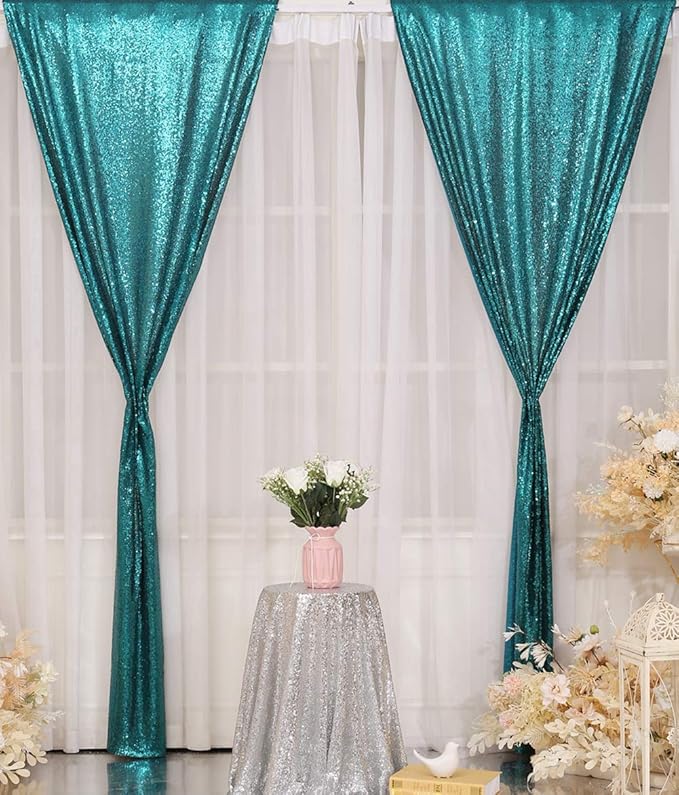 Poise3EHome Teal Sequin Backdrop Curtains, 2 PCS 5FT x 10FT Sequin Panels for Backdrop,Sequence Wedding Party Background Drapes
