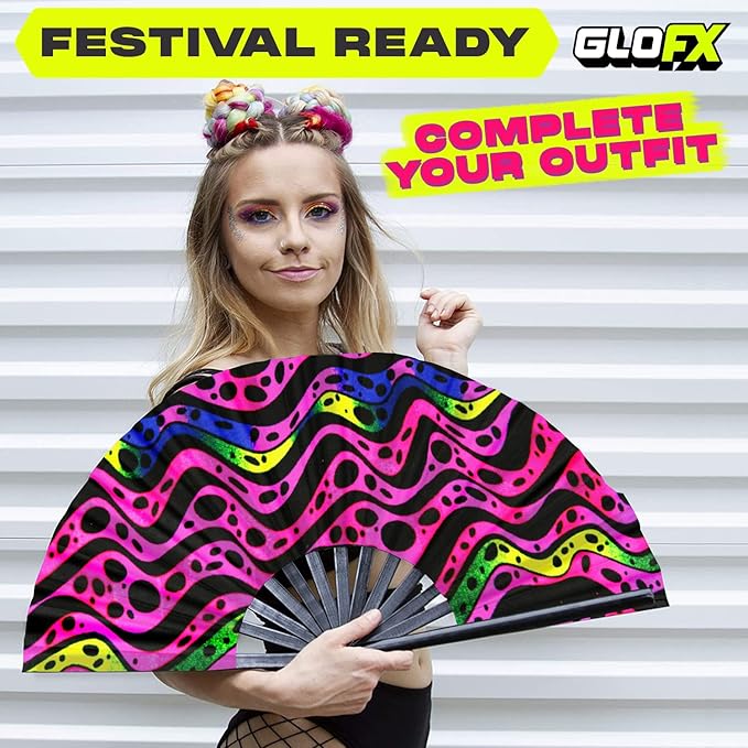 GloFX Folding Fan - Heat Wave - Large Rave Clack Folding Hand Fan for Men and Women - for EDM, Music Festival, Club, Event, Party, Dance, Performance, Decoration, Gift