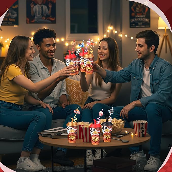 Yungyan 36 Sets Movie Night Party Favors Goodie Cups with Lids and Straws for Halloween Party Decorations Reusable 16oz Plastic Candy Cups Plastic Straws for Birthday Gift(Movie Night)