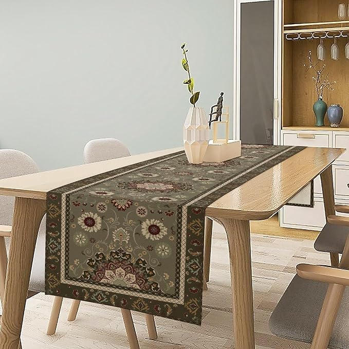 Vintage Paisley Floral Table Runner, Brown Boho Rustic Farmhouse Flower Pattern for Home Kitchen Table Decor Dining Coffee Room Party Decor 13x120in
