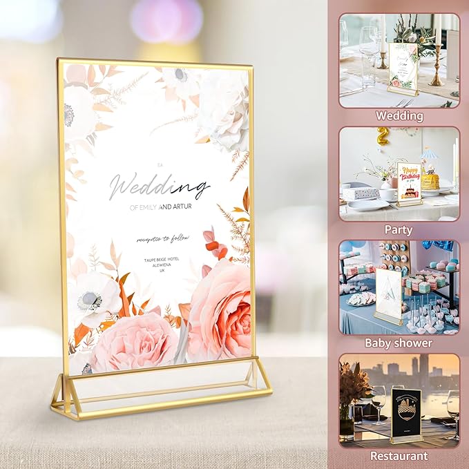 12 Pack Acrylic Sign Holder, 5x7 Inch Double-Side Gold Picture Frames Stands for Display, Vertical Table Top Sign Holders for Wedding, Party, Offices, Table Numbers, Home