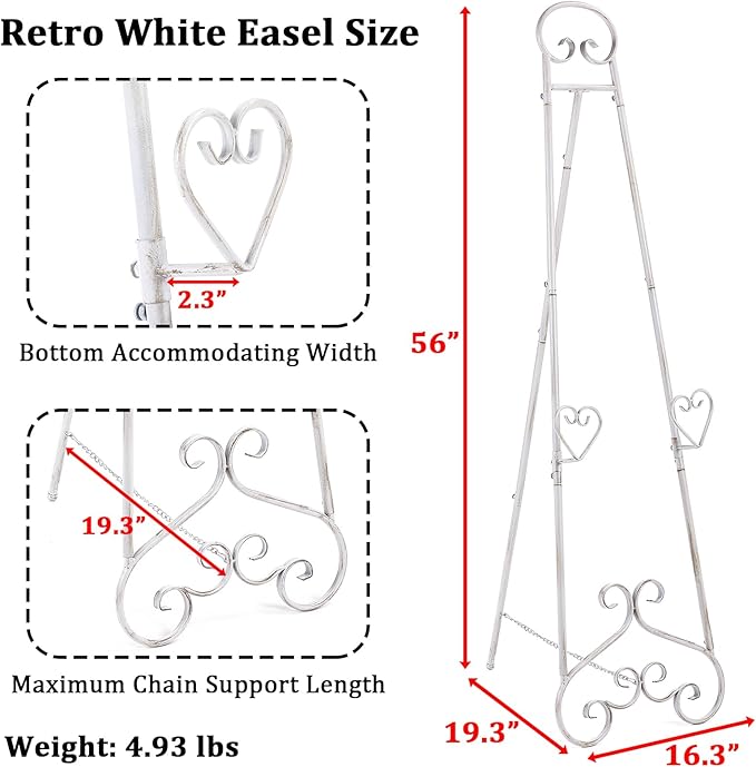 Extra Large Free Standing Adjustable Display Stand Easel with Chain Support, Retro White Decorative Metal Foldable Floor Standing Easel for Display Mirror Wedding Welcome Signs, 16.3" x 19.3" x 56"