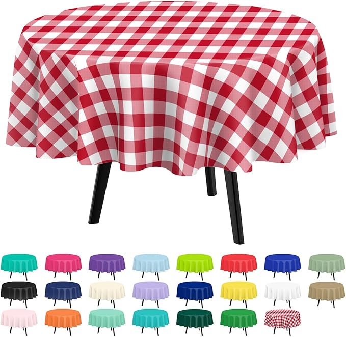 QIKSION Red Gingham Round Tablecloth 3 Pack, 84 Inch Plastic Checkered Table Cover Disposable for Parties