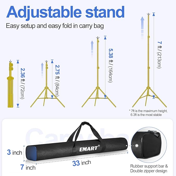 EMART Backdrop Stand 10x7ft(WxH) Photo Studio Adjustable Background Stand Support kit with 2 Crossbars, 8 Clamps, 2 Sandbags and Carry Bag for Parties, Events Decoration, Wedding -Titanium Gold