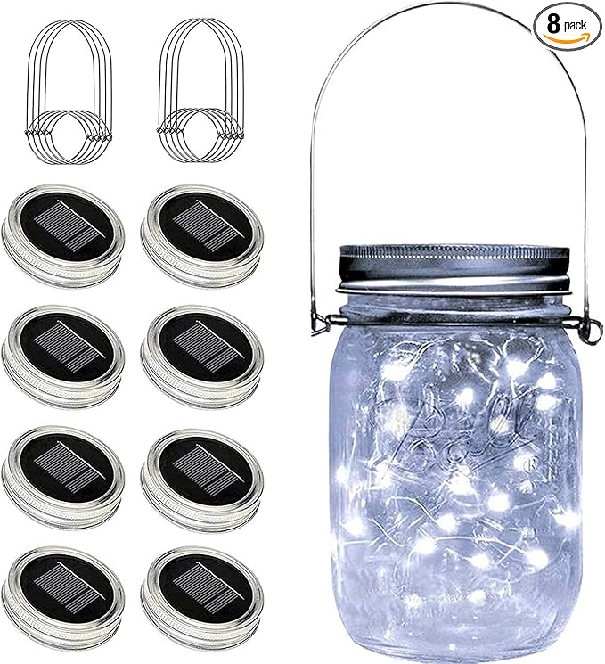 8 Pack Solar Fairy Star Firefly Jar Lid Lights - Waterproof Lantern Mason String Lights With Hangers for Regular Mouth Jars - Christmas Gifts (Cold White)