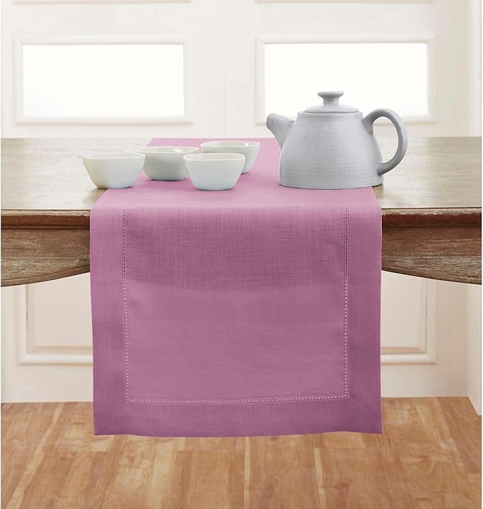Solino Home Linen Violet Table Runner 90 Inches Long - 100% Pure Linen Hemstitch 14 x 90 Inch Table Runner for Dining, Halloween - Classic Hemstitch