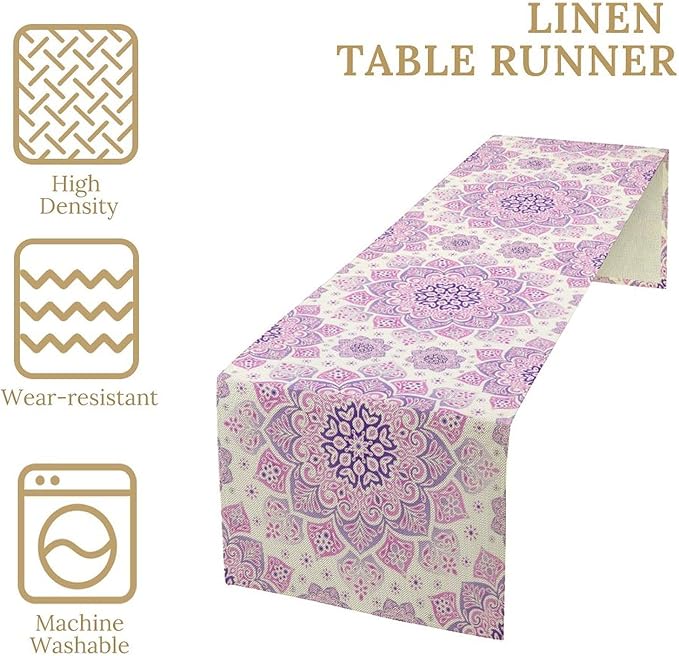 Purple Pink Mandala Table Runner, Traditional Indian Boho Mandala Flowers Print Table Runne for Kitchen Dining Table Office Wedding Party Holiday Home Decor, 13x36inch