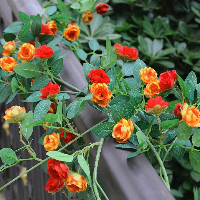6FT Bendable Rose Vine with Butterflies, Wildflower Garland Hanging Floral Garland for Wall Decor Trellis Fence Home Room Decoration (Orange, 2pcs)
