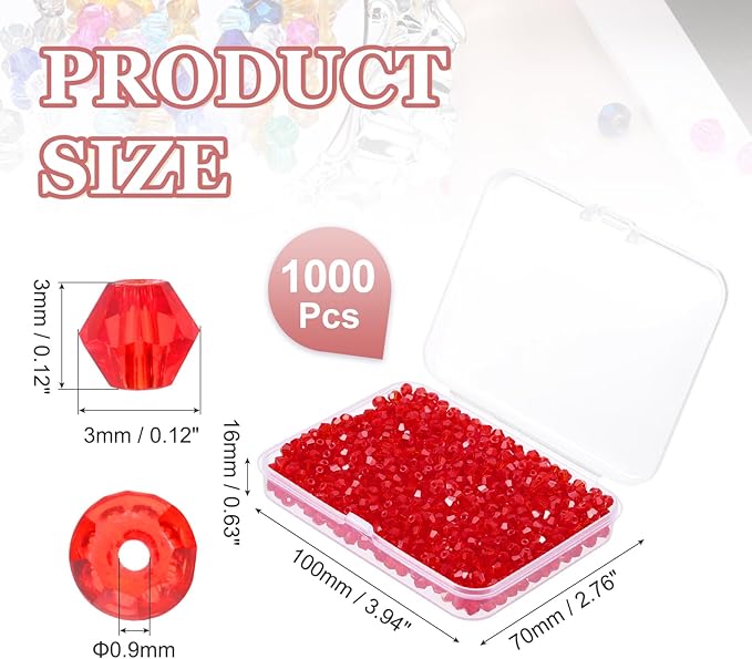 PATIKIL 1000pcs 3mm Bicone Glass Crystal Beads, Faceted Glass Spacer Beads with Box for Jewelry Making Bracelet Necklace Earrings DIY Suncatcher Craft, Dark Red