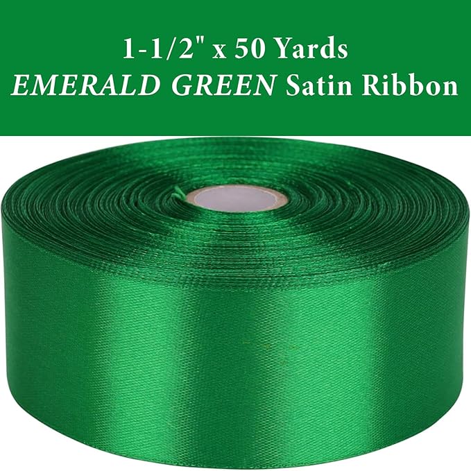 1-1/2 Inch Emerald Green Satin Ribbon 50 Yards Solid Fabric Ribbons for Gift Wrapping, Crafts, Floral Arrangements, Wedding, Party, Holiday and Home Decor