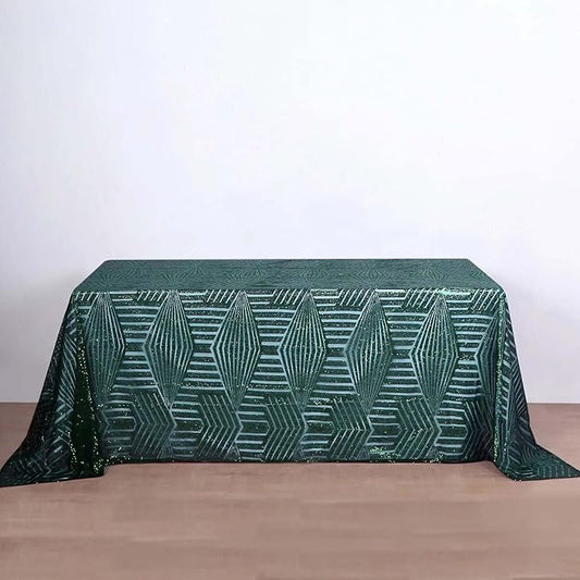 Efavormart 90"X132" Hunter Emerald Green Sparkly Sequin Geometric Tulle Rectangular Tablecloth