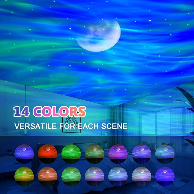 ELITUN Star and Aurora Night Light, Dual Effect Moon Galaxy Projector for Bedroom, 14 Colors With White Noise, Timer & Remote Control for Kids, Adults, Room Decor, Party