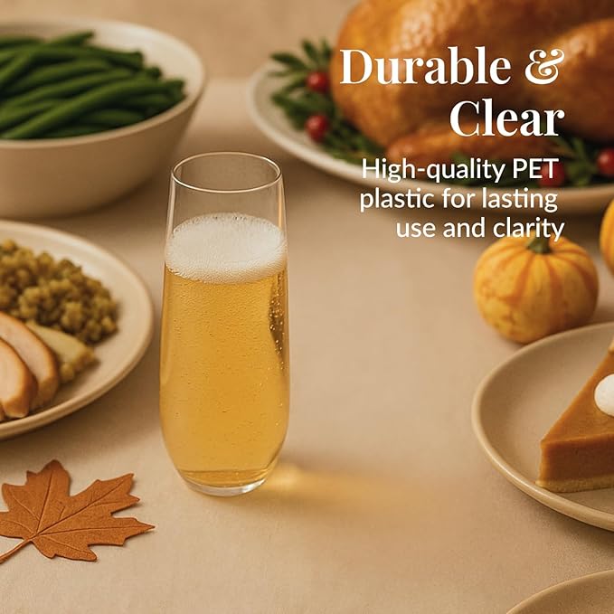 Prestee 24-Pack Stemless Plastic Champagne Flutes - 9 oz Clear Disposable Glasses for Wine, Cocktails, Mimosas - Champagne Flutes Plastic for Parties and Celebrations