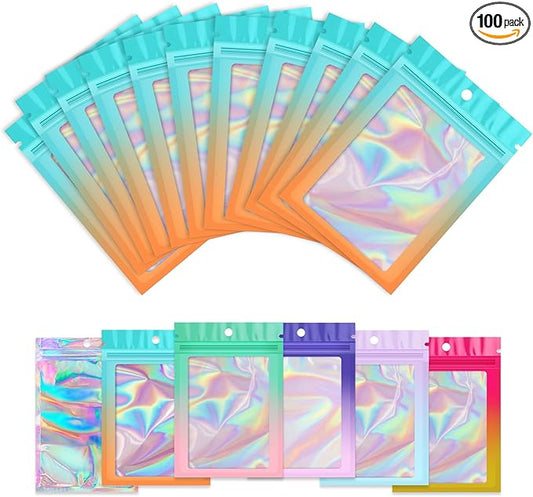 Funfery 100 Pack Mylar Holographic Bags,Clear Window Foil Bag Seal Pouch Resealable Baggie with Zipper,Packaging Bag for Food Storage,Lash,Jewelry,Business Supplies(2.7×3.9in,Blue Orange)