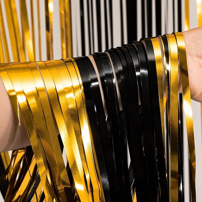 BRAVESHINE 3.2 x 8.2 ft Black Gold Foil Fringe Curtains - 2 Pack Metallic Photo Booth Streamers Backdrop for Boy Men Birthdays/New Years/Graduates/Homecoming/Farewell/Prom/Ramarak Party Decorations