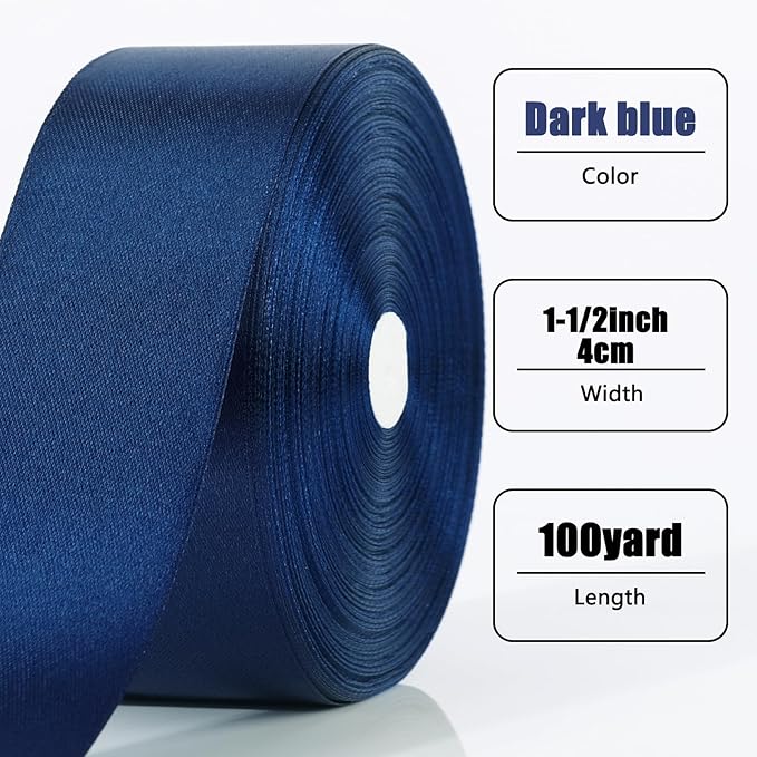 NESCCI 100 Yards Ribbon,1-1/2 Inch Dark Blue Satin Ribbon,Single Face Satin Ribbons, Perfect for Gift Wrapping,Wedding Decoration,Handmade Bows, Wrapping Bouquet, Halloween, Christmas