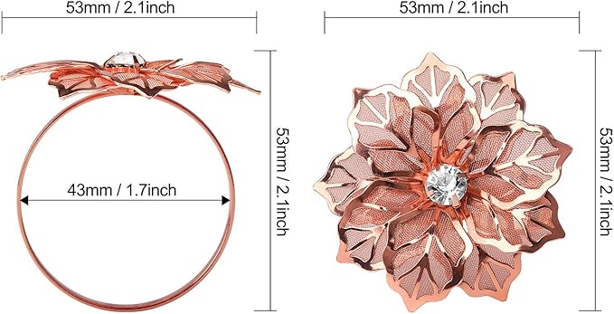 KPOSIYA Flower Napkin Rings Holder Metal Rose Gold Napkin Rings Set of 12 for Wedding Party Holiday Banquet Christmas Dinner Delicate Serviette Buckles Decor Favor (12, Rose Gold)