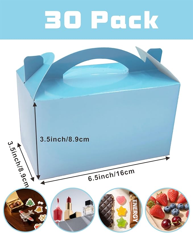 30-Pack Sky Blue Gable Treat Boxes with Handles - 6" Pop-Up Party Favor Gift Boxes for Birthday, Wedding, Baby Shower, Eco-Friendly Candy, Cookie, Goodie Bags for Kids, Bachelorette Decor