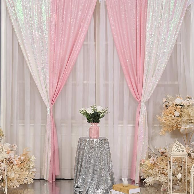 SquarePie Sequin Backdrop 2FTx8FT Iridescent 2pcs Curtain Background for Wedding Party Christmas Decoration