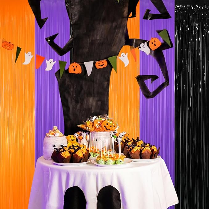 GOER 6.4 ft x 8.2 ft Metallic Tinsel Foil Fringe Party Backdrop for Halloween Birthday Graduation New Year's Party Decorations(2 Packs,Black&Orange&Purple)