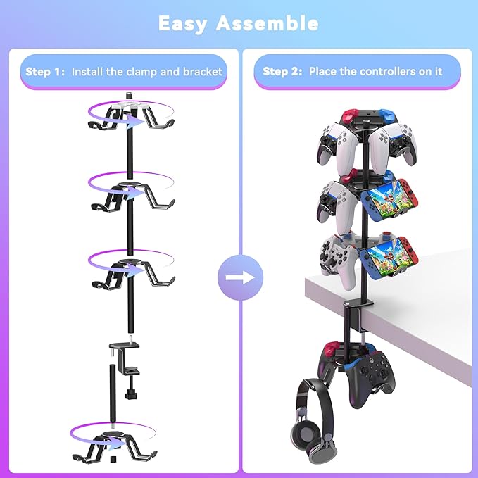 Rotatable 4 Tier Desk Clamp Controller Headset Stand, Universal Under Desk Controller Holder Rack for PS5 Xbox Nintendo Switch PC PS4, Aluminum Gaming Headphone Hanger, Black