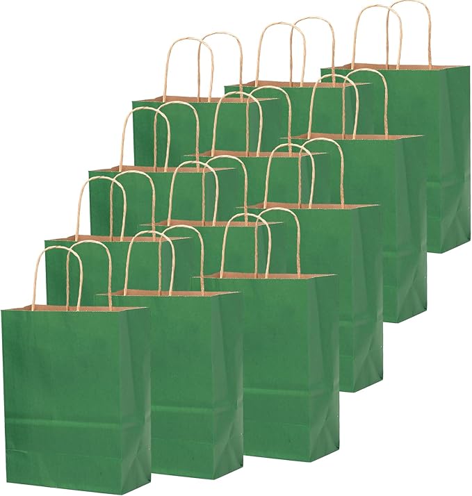 qiqee 50-Packs Kraft Deep Green Paper Gift Bags with Handles Bulk 11"x8.3"x4.3" Medium Size Paper Bags Multiple Uses