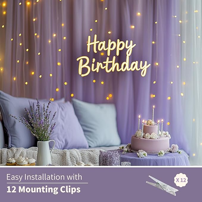Lavender Tulle Backdrop Curtain with Lights String - 10x10ft Sheer Backdrop with 300 LEDs for Wedding, Baby Shower, Bridal Shower, Birthday Party Photo Shoot Background and Home Decorations