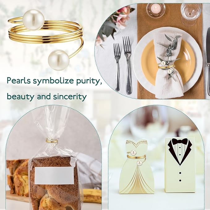 Elegant Pearl Napkin Rings, 50 Pcs Stylish Gold Napkin Ring, Delicate White&Gold Beaded Serviette Buckles for Wedding Thanksgiving Christmas Family Gathering Birthday Banquet Party Table Supplies
