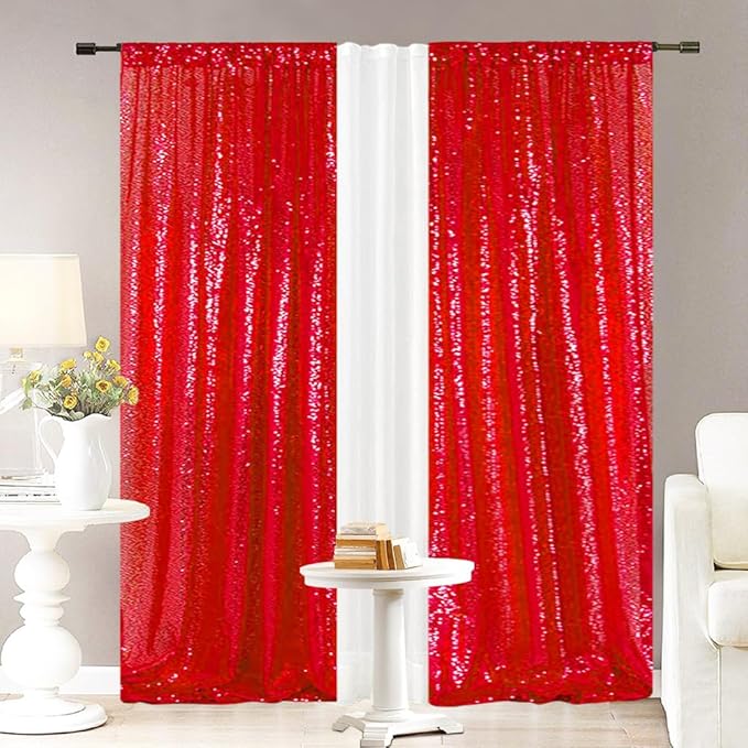 Eternal Beauty Red Sequin Backdrop Curtains, Shimmer Back Drop 4Panels-2FTx8FT for Christmas, Party, Birthday, Photography, Wedding, Baby Shower Event Decoration