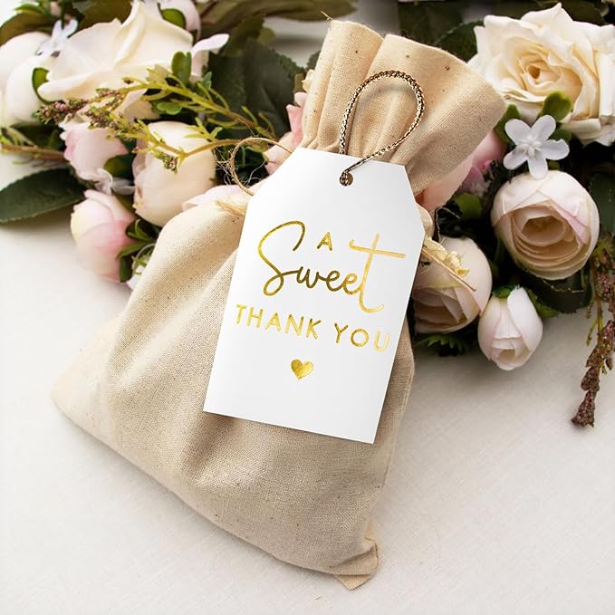 A Sweet Thank You Tags, joycraft 50Pcs Gold Thank You Gift Tags with String, 3x2 in White Kraft Paper Gift Tags, Sweet Thank You Tags for Wedding, Baby Shower, Birthday, Anniversary, Gift Wrap