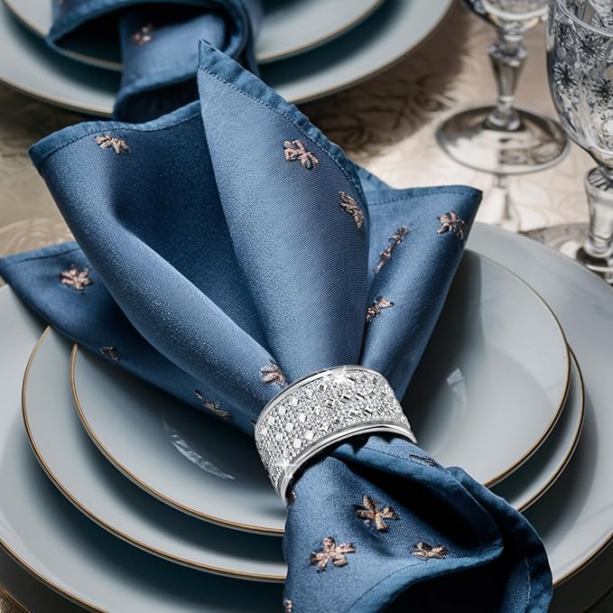 Rhinestone Napkin Rings Silver Set of 6,Crystal Napkin Holder Bling Diamond Serviette Buckles Tables Setting Decoration for Wedding Receptions, Christmas, Thanksgiving Holiday Party Dinner Parties
