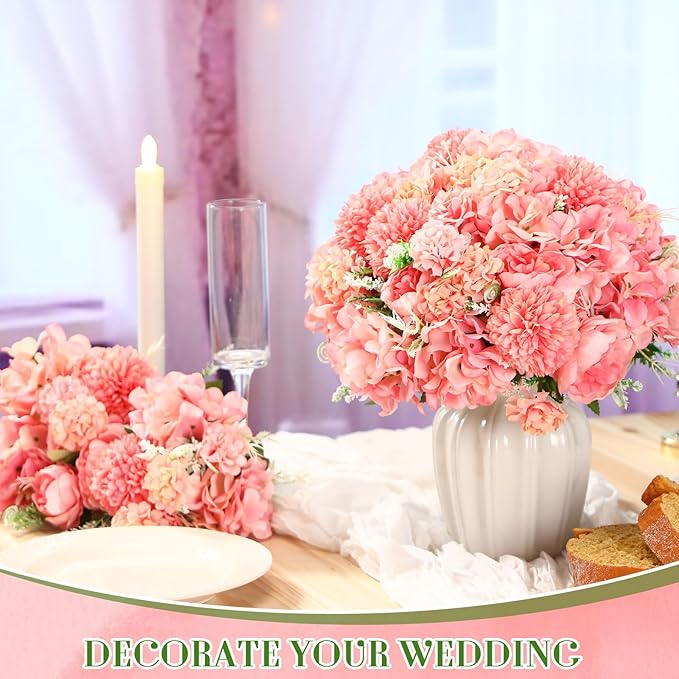 Tigeen Artificial Flowers Artificial Peonies Silk Flowers Faux Peony Fake Peony Silk Hydrangea Bouquet for Wedding Table Centerpiece Floral Vase Decor(Rose Pink,12 Bundles)