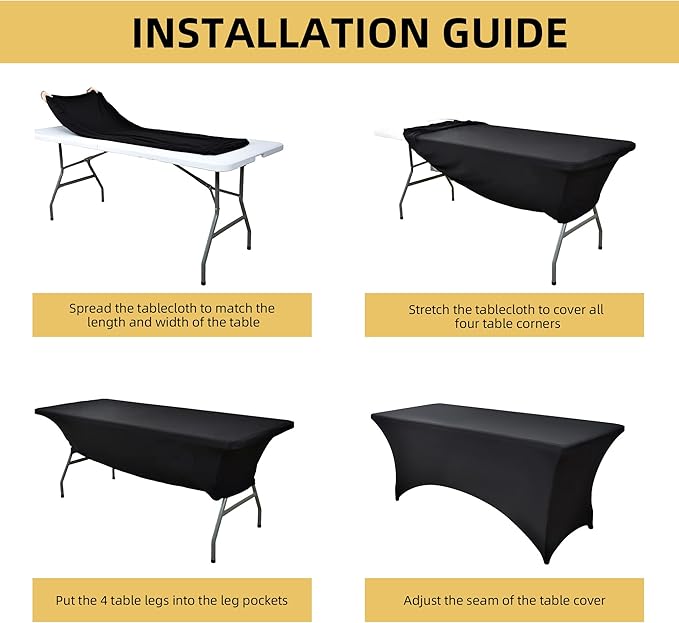 6-Pack 4ft Spandex Black Table Covers for Rectangular Folding Tables - Wrinkle Resistant Stretch Tight Table Cloths - Ultimate Fitted Table Protector for Parties, Trade Shows, and Wedding