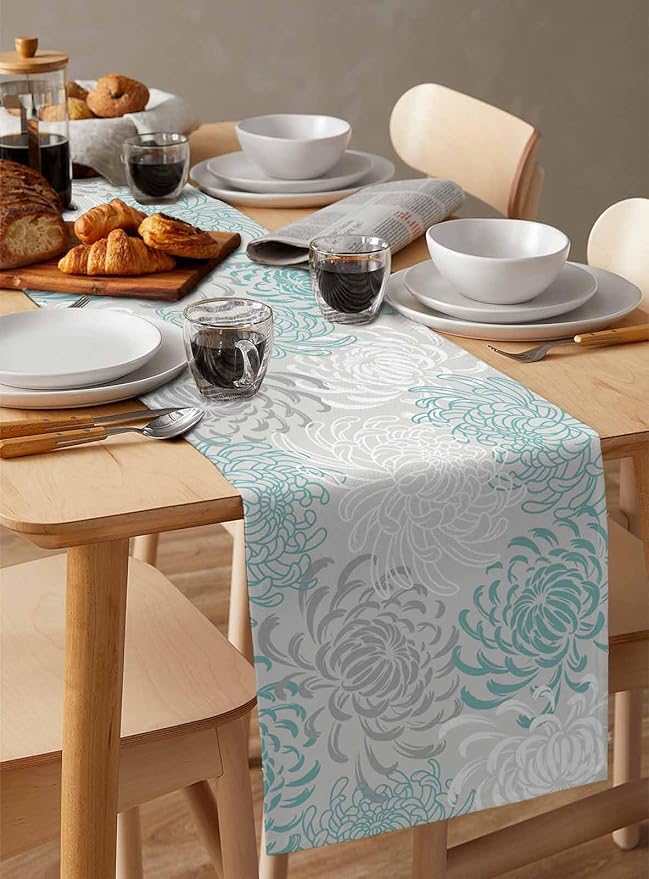 Auqa Chrysanthemum Cotton Linen Table Runner for Dining Kitchen, Wedding Outdoor Party Tablerunners Decoration, Farmhouse Floral Botanical Leaves Dresser Scarf Coffee Tablecloth Runners 13x108 Inches