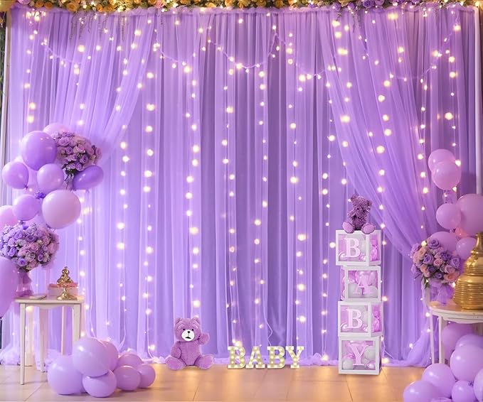 10ft x 10ft Lavender Tulle Photo Backdrop Curtain with Lights String for Parties Wedding Bridal Shower Sheer Lavender Curtain Backdrop for Birthday Baby Shower Photo Booth Photography