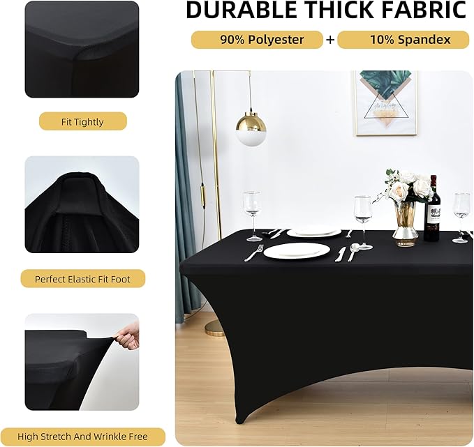 6-Pack 6ft Black Spandex Table Covers for Rectangle Standard Folding Tables - Wrinkle Resistant Stretch Tablecloths - Ultimate Fitted Table Protector for Parties, Trade Shows, Wedding
