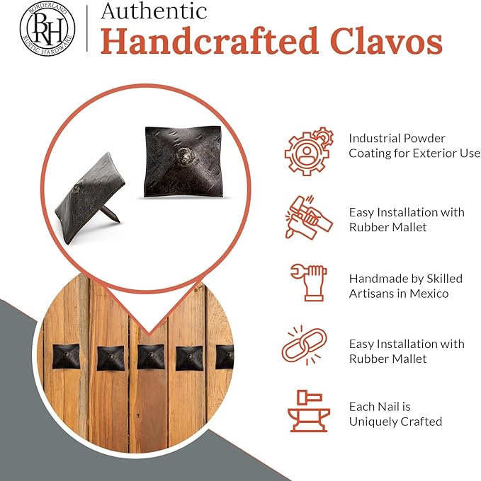 50 Pack 1.5" Square Head Iron Clavos Decorative Nails – Sealed Unfinished – Handmade Rustic Square Fasteners for Farmhouse Shutters, Faux Wood, Barn Doors, Shutters, Gates – Ornamental Wood Accent