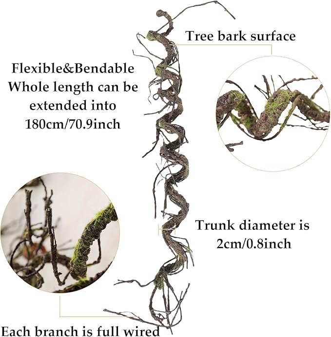 180cm/70.86in Bendable Artificial Tree Branches Liana Vines Garland Rattan with Moss Fake Plants Twigs for Wall Hanging Home Room Outdoor Wedding Background Decoration